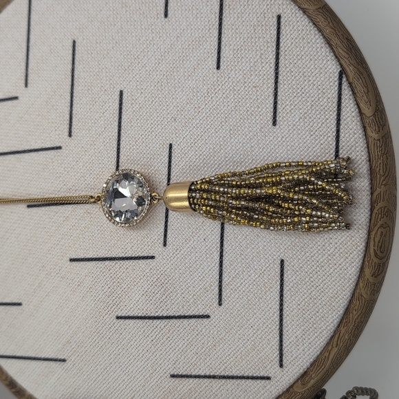 J. Crew Gold and Silver Tassel Necklace with Large Glass Rhinestone Pendant - Picture 3 of 6